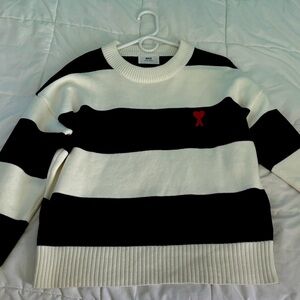 Ami Black and White Striped Crewneck Sweater